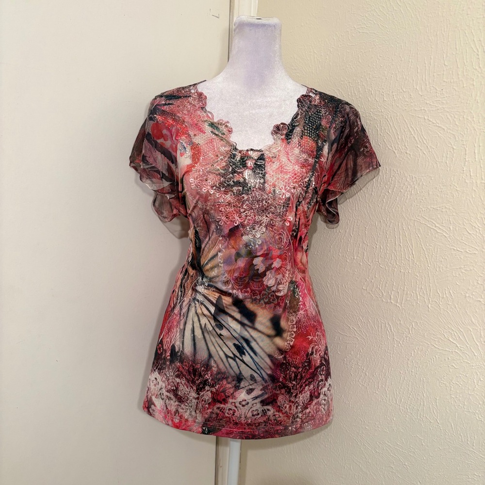 Y2K Pink Fairycore Lace Watercolor Butterfly Print Top Chiffon Sleeve Sz L